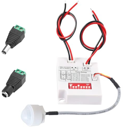Youmile 12 V, 24 V, interruptor de luz con sensor de movimiento PIR, relé de retardo, CC 8 V-30 V, 7-10 m,alimentación de voltaje constante, entrada con conector de alimentación CC macho y hembra