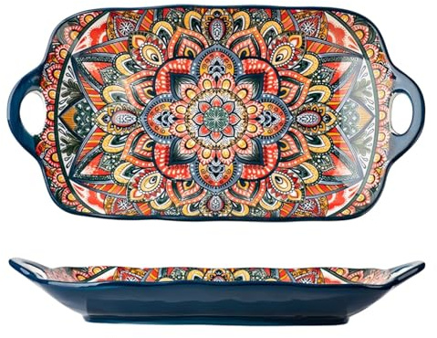 Plato para horno de lasaña, plato de cerámica con asas dobles, estampado de flores, cacerola antideslizante para uso doméstico