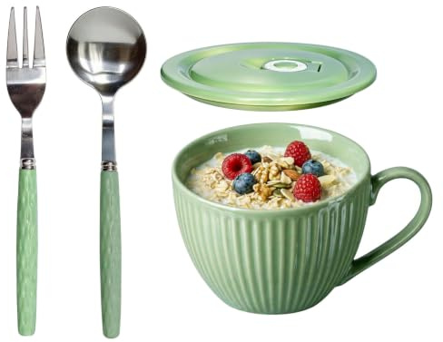 Taza jumbo XXL y taza de sopa con asa, taza de café grande de cerámica, cuenco de cereales para desayuno, apto para microondas y lavavajillas, taza de diseño vintage de ranura para cereales, verde