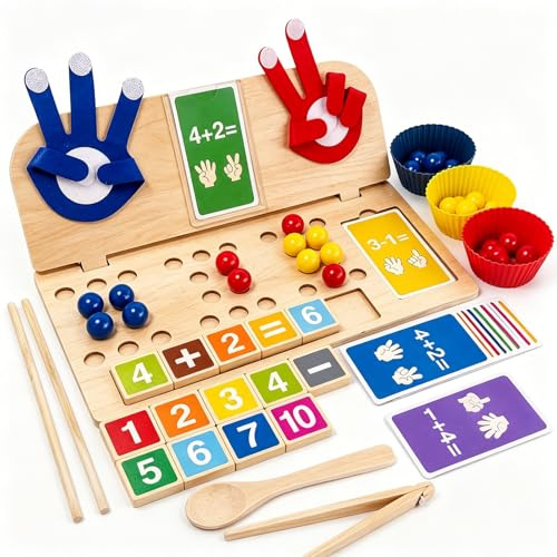 Dubydu Jouet Montessori Mathématiques pour Enfants 3 4 5 Ans, Jeu Éducatif avec Perles, Blocs Numériques et Mains de Comptage, Jeu d’Addition avec 20 Cartes Mathématiques, Jouet STEM pour École Matern