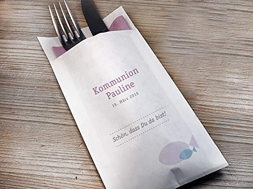10 Stück personalisierbare Bestecktasche Kommunion, Konfirmation oder Taufe mit Fisch, rosé blau, Staffelpreisrabatt