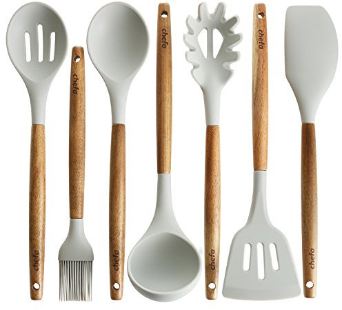 Silicone Cooking Utensils | Wooden Handle, Non-Stick Cookware Heat Resistant Kitchen Utensil Spatula, Slotted & Solid Spoon, Soup Ladle, Slotted Turner and Spaghetti Server,| Acacia Wood - Light Grey