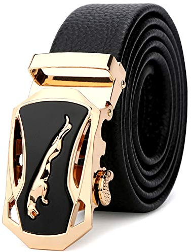 Mens Designer Belts Genuine Leather Belt Jaguar Business Suits Casual Reversible Buckle with Automatic Buckle Ratchet (Fit 40”-42“(110cm) Waist, Gold)