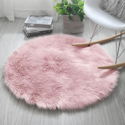 HARESLE Rosa Rund Kunstfell Teppich 100cm Waschbar Teppiche für Wohnzimmer | Flauschig, Kunstfell, Hochflor 6 cm, Kunstwildleder, Rutschfeste, für Schlafzimmer, Kinderzimmer, Babyzimmer