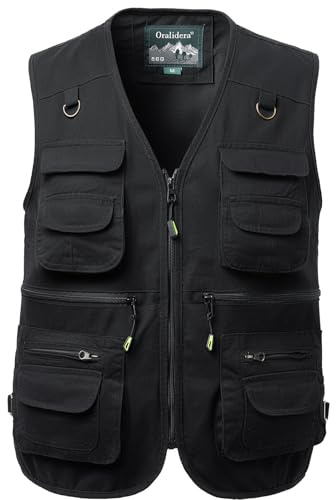 Oralidera Chaleco de Pesca para Hombres Chaquetas sin Mangas al Aire Libre de Caza Fotografía Viajes Chaleco Deportes de Trabajo con Multibolsillos, Negro, XL