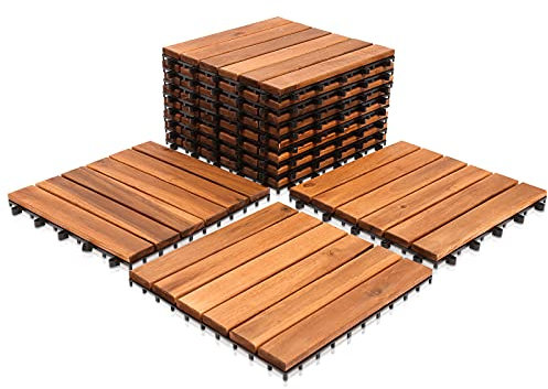 SWANEW Lot de 22 carreaux en bois d'acacia, 2 m², convient comme carreaux de terrasse et de balcon, 30 x 30 cm, pour jardin, terrasse, balcon