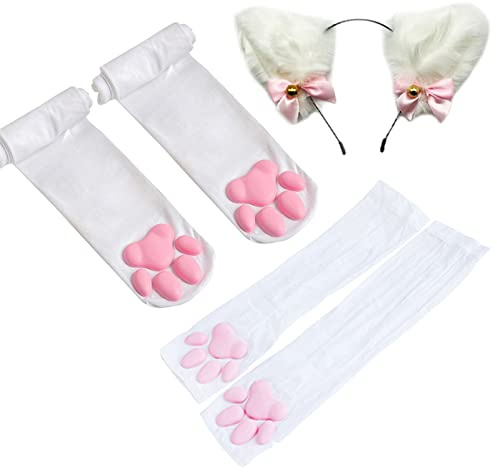 ztowoto Niedliche Katzenpfotenpolster-Schenkelstrümpfe,rosa 3D-Kätzchenklauenfäustlinge,lange fingerlose Handschuhe für Mädchen,Frauen,Katze,Cosplay (Weiß-1)
