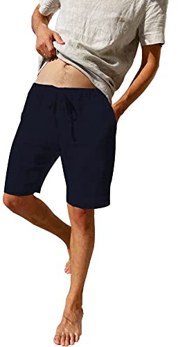 LVCBL Men's Breathable Cotton Linen Navy Shorts - Drawstring Summer Beach Shorts with Pockets Navy XL