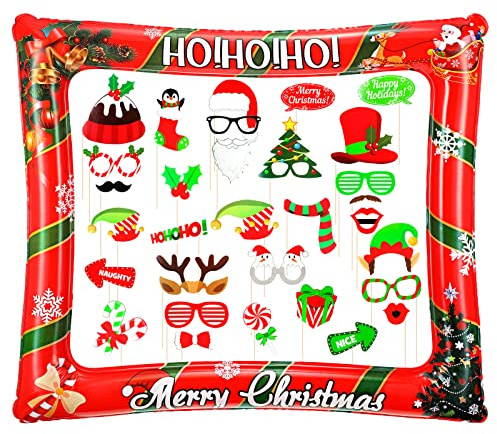 Aufblasbarer Weihnachten Fotorahmen mit 32 Stück Weihnachten Foto Booth Prop Weihnachtsfeier Foto Requisiten Bild Selfie Rahmen Weihnachtsfeiern Familien Dekoration Spiel Zubehör