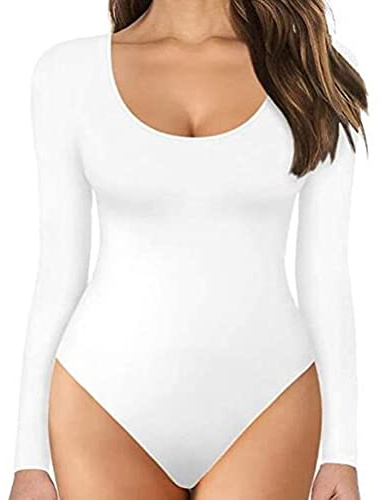 TOEECY Damen Body Langarm Rundhals Knit Stretch Bodysuit Shirts Unterziehbody Elegant Sexy Langarmbody Oberteil Bustier Schmal Bodysuits Tops Bodys (Weiß,M)
