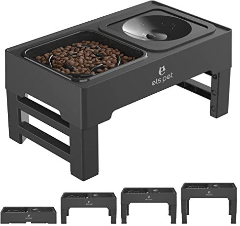 ELS PET Raised Dog Bowl, 2-in-1 Elevated Dog Bowl with Slow Feeder and Non-Spill Slow Water Bowl, 4 Height Adjustable Pet Dispenser with Stand for Small Medium Large Dog Cat
