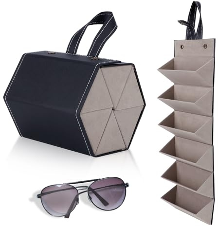 Tomotato 6 Fächer Sonnenbrillen Aufbewahrung, PU-Leder Faltbare Brillenetui Brillenbox Brillenetui zum Aufhängen Brillenständer für Mehrere hängende Brillen Display(Schwarz)