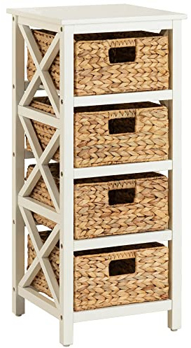 eHemco 4 Tier X-Side End Storage Cabinet with 4 Wicker Baskets, White