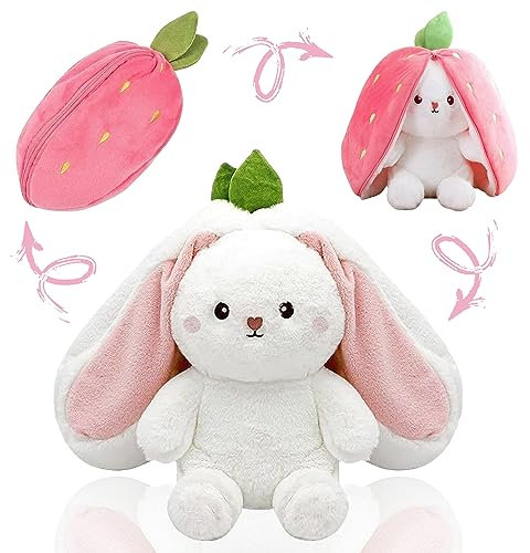 Gxhong Hasen Kuscheltier Verstecken 25CM, Hasen Kuscheltier Plüschtier, Häschen In Erdbeerbeutel Stofftier, Kreatives Plüschtier Geschenk, für Jungen Mädchen Babys Kinder Erwachsene Ostern, Rosa