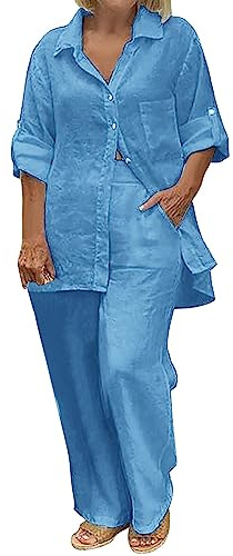 FGUUTYM Set lounge da donna elegante in 2 pezzi, per il tempo libero, per la casa, a maniche lunghe, con bottoni e gamba larga, per lo streetwear, per il jogging, per l'autunno, S-Xl, Blu, XXL