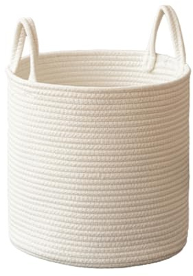 Beige förvaringskorg, rund bomullssnöre förvaringskorg, korg för smutstvätt, förvaringslåda, lämplig för leksaker, filtar, smutsiga kläder, småsaker, snacks (beige, L)