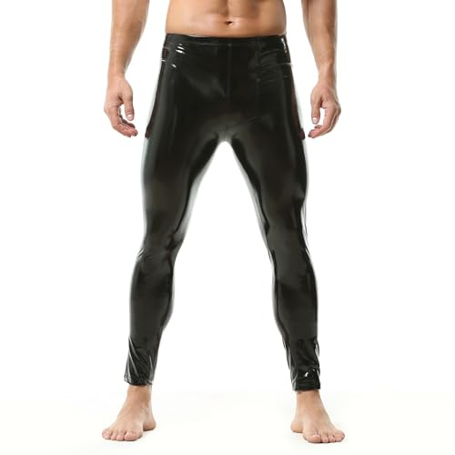 QiaTi Pantalones de piel sintética para hombre, cintura elástica, ajustados, de poliuretano, ajustados, largos, para rock, punk, motocicleta, 2#negro, L