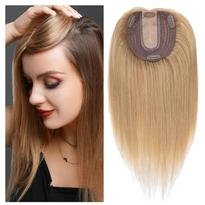 Haartopper für Frauen 6–18 Zoll Echthaar-Topper for Frauen, 10 x 12 cm, Mittelteil, Vollseidenbasis mit 4 Clips, glattes Indisches Haar, Haarteil for dünner werdendes Haar oder Haarausfall Haarteil To