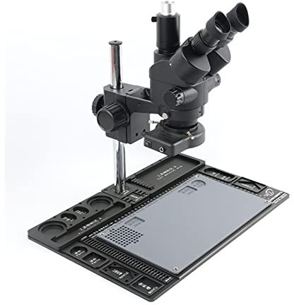 Digitales Mikroskop, 7–45 x 23,2 mm, stufenloser Zoom, trinokulares Stereomikroskop, Aluminiumplattenhalterung, Handy-Motherboard-Reparaturinspektion, für Kinder und Erwachsene