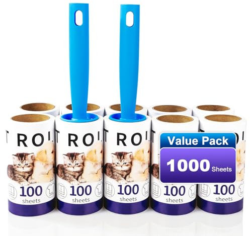 1000 Hojas Extra pegajosas para Pelo de Animales, Quitapelusas, Cepillo para Pelo de Gato, Pelo de Perro (10 Rollos con 2 Rodillos)