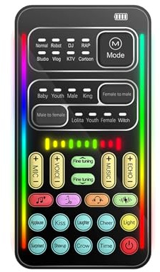 Fesjoy Macchina per effetti sonori, distorcere vocali, dispositivo portatile con 8 effetti sonori, luce colorata, mini trasmissione live, microfono a mano, macchina per effetti sonori per telefono,