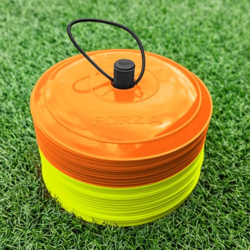 FORZA Nära platta träningsmarkörer [10-pack] | 50-pack med 23 cm breda, ultrahållbara koner – perfekt för fotboll, rugby, hockey och mer (orange och gul)