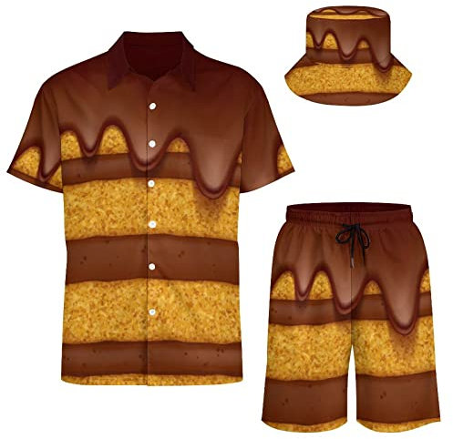 AsqLdQM Ensemble de 2 chemises et shorts hawaïens pour homme avec chapeau cloche, Gâteau, XL