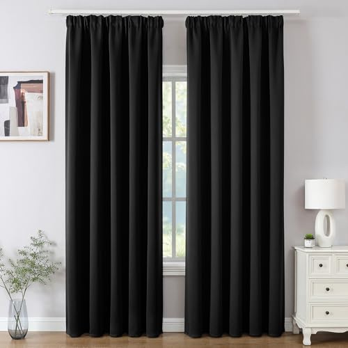 Joydeco Gardinen mit Kräuselband Vorhänge Blickdicht 2 Stück H 245 x B 140 cm Schienensystem Schwarz Verdunkelungsvorhang Thermovorhang Kälteschutz Schlafzimmer Blackout Curtains
