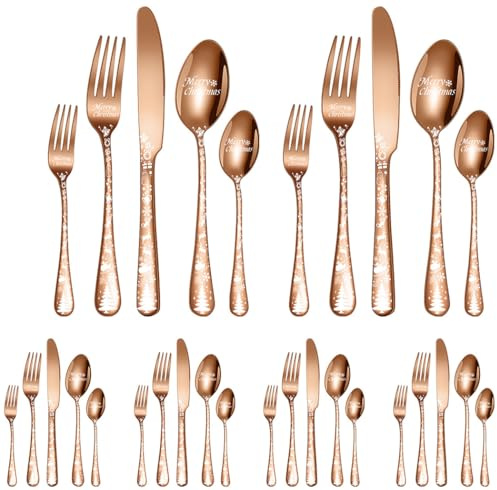 XIAOYU Set di posate natalizie da 30 pezzi composto da 12 forchette, 12 cucchiai, 6 coltelli Set di posate in acciaio inossidabile, set di posate con motivo albero di Natale decorativo unico