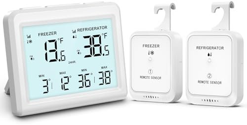 OQIMAX Digital Fridge Freezer Thermometer with 2 Remote Sensor, Wireless Refrigerator Thermometer with 3.7 LCD Display, ℉/℃ Switch, Temperature Alarm, MAX/MIN Record, Temperature Monitor for Home