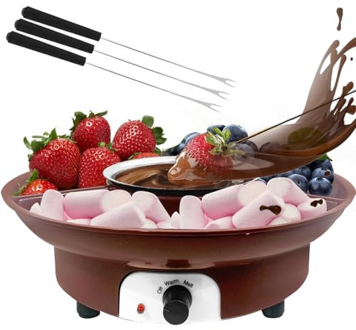 Chocolate Melting Pot, 260ML Perfect Chocolate Fondue Set with 4 Roasting Forks and 3 Compartment Trays, Heating and Keep Warm Mode, 25W Electric Fondue Pot Set for Chocolate Melts Cheese Melts brown