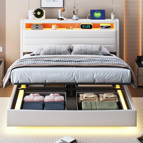 Moimhear Polsterbett 140x200cm, Hydraulisches Schwebender Bettrahmen mit Stauraum, Polsterbett mit USB-Steckdose und LED-Licht, Wendekopfteil, Leinen Beige