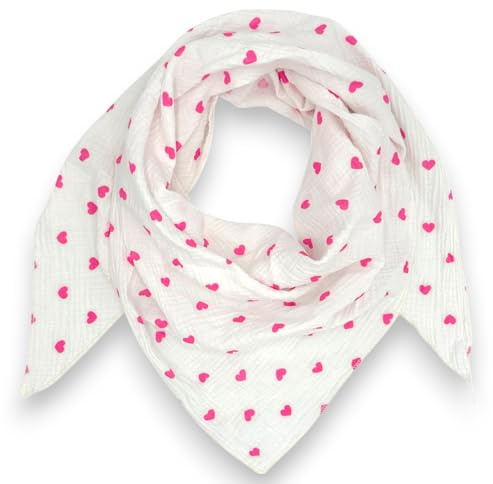 Musselin Tuch mit Herzen Dreieck Damen Halstuch Herzmuster Made in Italy 195x72cm Frühling Sommer Weich Leicht kuscheliger Baumwolle Schal (Pink)