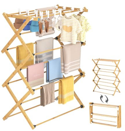 Dripex Clothes Airer, Foldable Clothes Drying Rack, Bamboo Laundry Drying Rack, Freestanding Towels Hanger, Space-Saving, Tool-Free Assembly