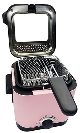 HALF SCALE Electric Immersion Fryer, Removable Fryer Basket, Adjustable Temperature, Lid with Visible Window and Odorless Filter, 1100W 1.6 Qt/1.5L Pink