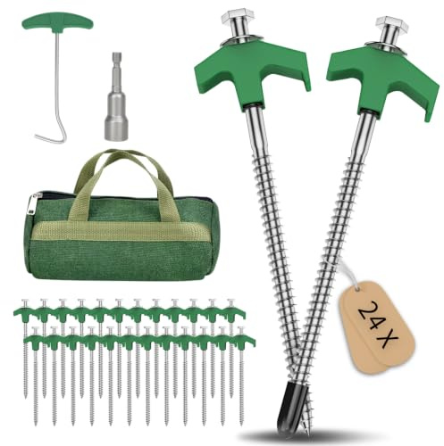 FTJKGH Zeltheringe 20cm, 24 x Heringe Zelt mit Gewinde, Robuste Heringe ErdnäGel Stabil, Schraubheringe Camping mit Schutzkappe und Nagelzieher für Harten Boden, Gras, Strand, Wald, Wiesen, Grün