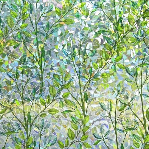 Fensterfolie, 3D Regenbogen Folie Selbsthaftend Blickdicht Bunt Anti UV Fensterfolie Grünes Blatt (44.5×200cm)