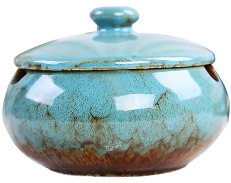 Glossy Ceramic Ashtray with Smell Proof Lid, Windproof Cigarette Ash Tray, Large Smoking Bowl for Indoor Outdoor Use, Smoker Ash Holder for Garden, Patio, Cafe, Home, Office Decoration (Vintage Blue)