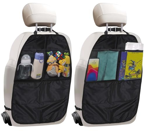 UOCAI Set de 2 Protector de Asiento de Coche con Bolsillos + 2 Ganchos para Coche, Organizador Asiento Coche Protector Antipateo Impermeable para Trasero Fácil de Limpiar y Plegable Ideal para Niños