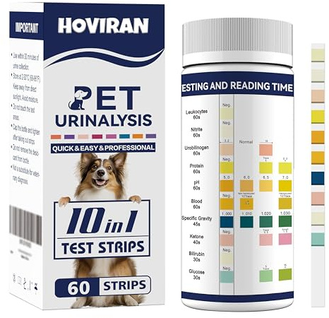 10-in-1 Cat & Dog Urine Test Strips, Cat & Dog UTI Test Kit, Pet Urinalysis Reagent Strips Diabetes, Glucose, Nitrite, Specific Gravity, pH, Protein, Leukocytes & More (60 Strips)