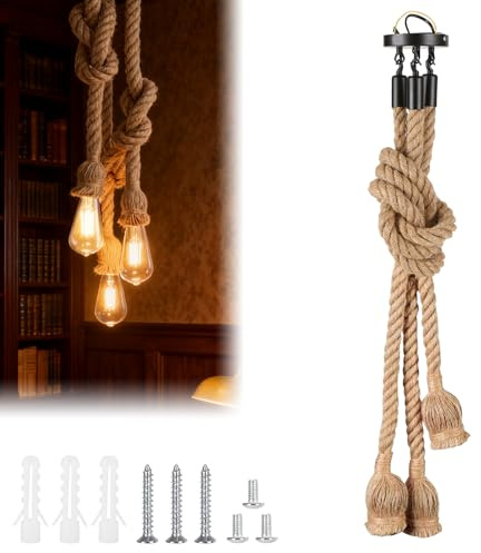 Corda di canapa in stile retrò, per lampadari industriali, con attacco E27, 100 cm, stile vintage, corda di canapa, 3 teste, per soggiorno, ristorante