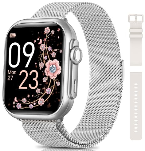 Sanorum Montre Connectée Femme avec Batterie 1000mAh, 1.85'' AMOLED Smartwatch Femme avec 120+ Modes Sportifs/5ATM Étanche/SpO2/Fréquence Cardiaque/Sommeil, Fitness Tracker pour Android iOS, Argent