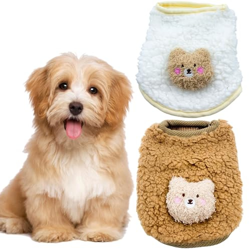 2PCS Teacup Dog and Cat Clothing Set for Chihuahuas and Yorkies, Colorful Bear Pattern Warm Fleece Jumper for Newborn Mini Dogs and Cats, Winter Pet Apparel. (XX-Small, White and Brown)