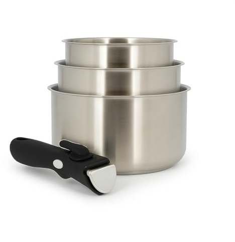 MENASTYL - Lot de 3 casseroles inox 18/10 amovibles Iris Inox sans PFAS - Tous feux dont induction, four, réfrigérateur et lave-vaisselle - Empilables et résistantes - Poignée double sécurité