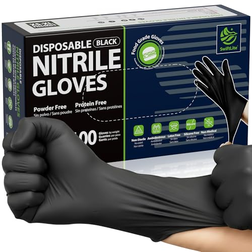 SWIFTLITE Nitrile Gloves Disposable Latex Free, 4 Mil Black Food Grade Powder Free Rubber Gloves for BBQ, Cooking, Cleaning (100, Large)