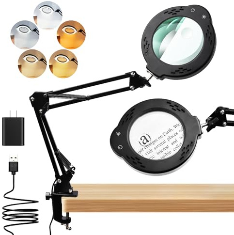 10X 30X Magnifying Glass with Light, Desktop LED Magnifying Lamp with Clamp, 5 Color Modes, 10 Dimmable Levels, Magnifier with Light Hands Free, Reading Crafts Jewelry Sewing
