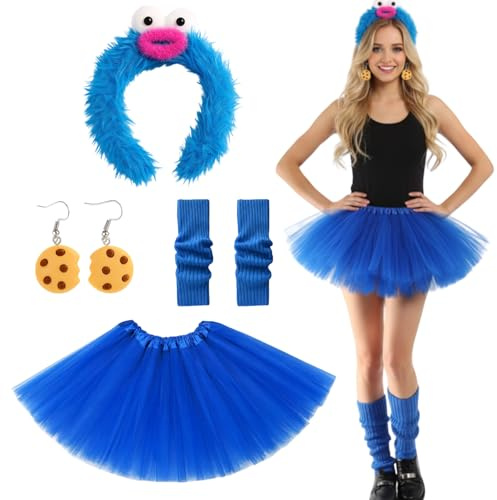 ZYLOUY 4-teiliges Set Krümelmonster Kostüm Haarreif + Keks Ohrringe + Tüllrock Blau + Stulpen Damen Blau, Karnevalskostüme Damen, Krümelmonster Kostüm, Halloween, Karneval