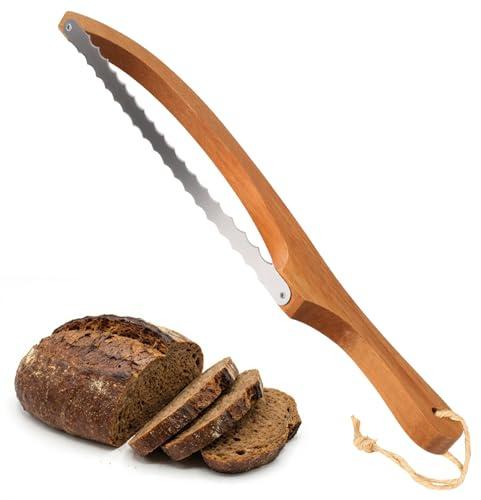 Nymblis Bread Bow Knife, Stainless Steel Double Serrated Sourdough Knife | Wooden Handle with Rope, Left & Right Handed Bow Slicer, for Homemade Bread, Cakes, Fruit & Baguettes Loaf