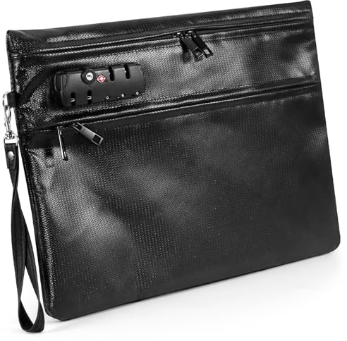Fireproof Document Bag with Lock, 6400℉ Fire Proof Documents Bag Dual-Zip Waterproof Fireproof Pouch with Zipper, 14 X 10 Money Fireproof Safe Storage Bag for Cash Passport File Valuables, Black