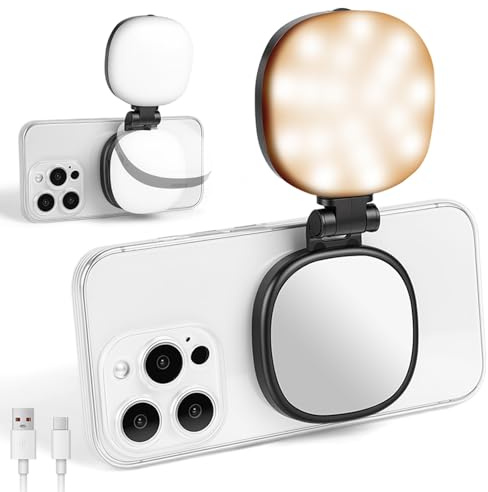 ABOHU Magnétique Lampe pour Selfie, Lumiere Telephone Selfie avec Miroir, 3 Mode CRI95+ 360° LED Magnétique Lampe Compatible avec iPhone/Android, pour Photographie/TikTok/Appels Zoom/Vidéoconférence